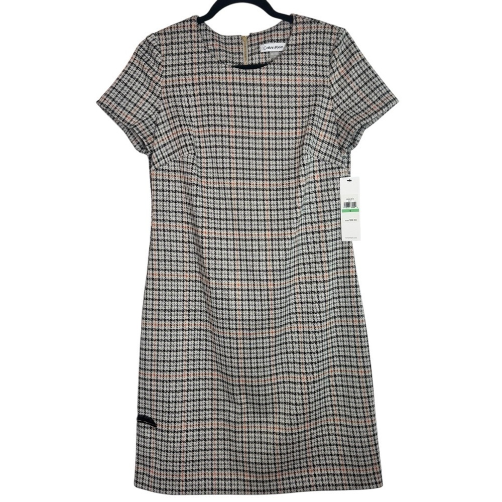 NWT Calvin Klein Black White and Rust Plaid Sheath Dress Size 8